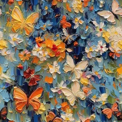 Foto op Canvas Butterflies and flowers seamless repeat pattern oil painting [Generative AI]  © Roman