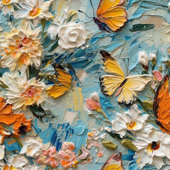 Butterflies and flowers seamless repeat pattern oil painting [Generative AI]
 - obrazy, fototapety, plakaty