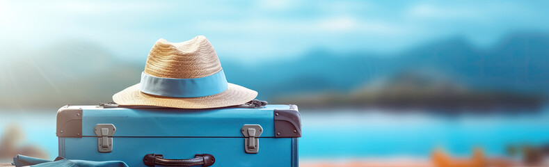 Blue suitcase with towels, a beach hat and a towel on the beach with the sea blue tinted background , Travel concept