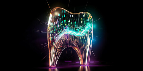 Stunning translucent, radiant tooth illustration with intricate roots and enamel, conveying dental health's importance and our pearly whites' beauty. Ideal for dentists. Generative AI