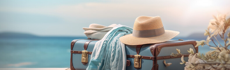 Blue suitcase with towels, a beach hat and a towel on the beach with the sea blue tinted background , Travel concept