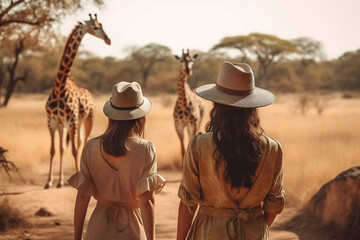 white women on safari looking at elephants a far - obrazy, fototapety, plakaty