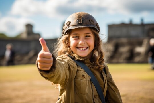 Close-up portrait photography of a joyful kid female with thumbs up against a historic battlefield background. With generative AI technology