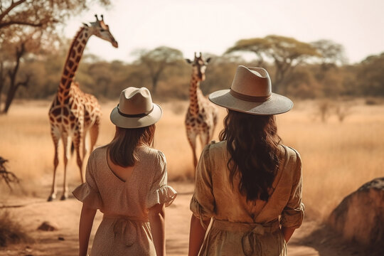 Fototapeta white women on safari looking at elephants a far