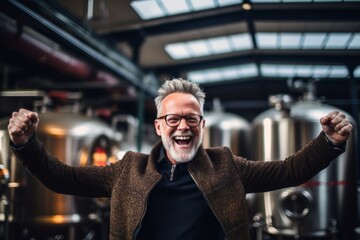 Medium shot portrait photography of a joyful mature boy gesturing victory against a lively brewery background. With generative AI technology