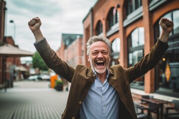 Medium shot portrait photography of a joyful mature boy gesturing victory against a lively brewery background. With generative AI technology