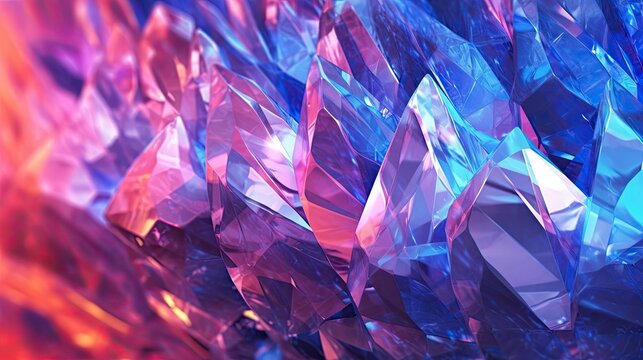 Abstract crystal background, iridescent texture, macro panorama, faceted gem, wide panoramic polygonal wallpaper. Created with Generative Ai Technology