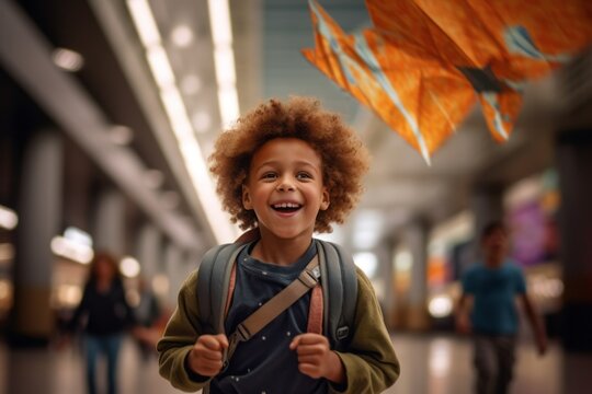 Medium shot portrait photography of a satisfied kid male flying a kite against a bustling subway station background. With generative AI technology