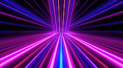 Obraz premium Abstract minimal neon background, pink blue neon lines going up, glowing in ultraviolet spectrum. Cyber space. Laser show. Futuristic wallpaper. Created with Generative Ai Technology