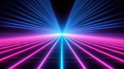 Obraz premium Abstract minimal neon background, pink blue neon lines going up, glowing in ultraviolet spectrum. Cyber space. Laser show. Futuristic wallpaper. Created with Generative Ai Technology
