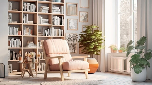 Scandinavian bookcase with armchair in modern cozy interior of room. Home library with book shelf, Generative AI