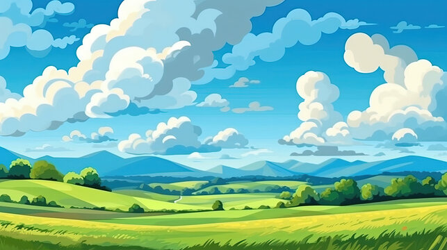 Summer fields, hills landscape, green grass, blue sky with clouds, flat style cartoon painting illustration, background, Generative AI