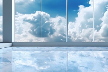 Fototapeta na wymiar Blue sky with clouds reflected in a room. 3d rendering, generative Ai