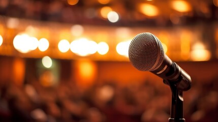 Microphone in concert hall or conference room with blurred bokeh background, generative Ai