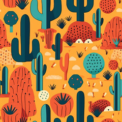 Cactuses and succulents seamless repeat pattern, cute cartoon boho [Generative AI]
