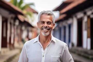 Obraz premium Headshot portrait photography of a satisfied mature man smiling against a historic colonial village background. With generative AI technology