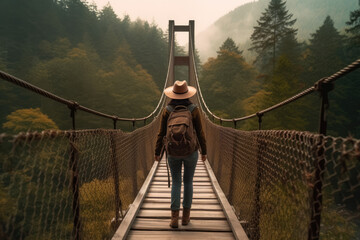 Woman in a hat is crossing a suspension bridge in the woods , Travel concept