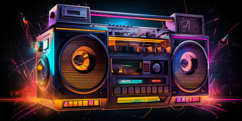 Fototapeta premium Captivating image of a retro boombox enveloped in shimmering holographic light beams, embodying the transformative 80s sounds and nostalgic emotions influencing music forever. Generative AI