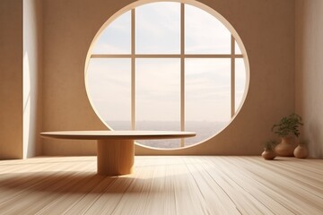 Minimalistic room interior with round table and window. 3D Rendering, generative Ai