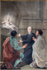 GENOVA, ITALY - MARCH 8, 2023: The painting St. Philip Neri Jesus child and two disciples in the...