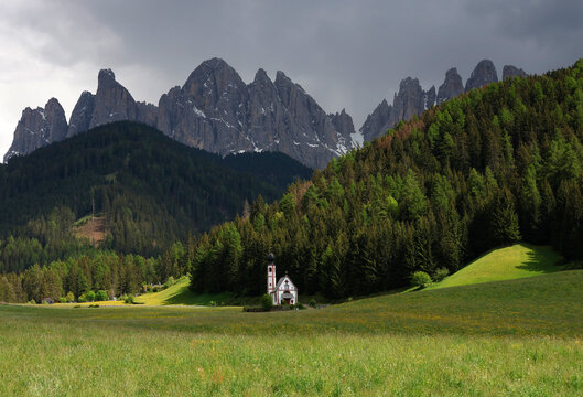 Summer image of the Church of San Giovanni in Ranui, Santa Maddalena, Puez Odle Natural Park, Italy, Europe	