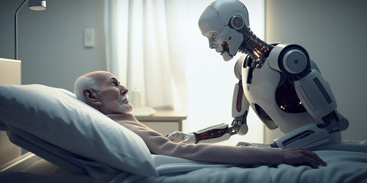An old patient man is lying on the hospital bed covered with a bedsheet. A humanoid robot nurse anxiously looking at the old man listening to him. Image created with Generative AI