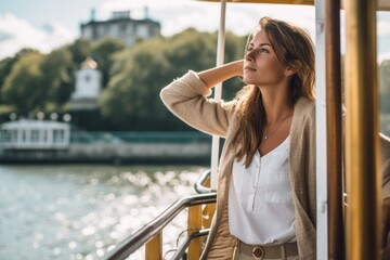 Photography in the style of pensive portraiture of a glad girl in her 30s gesturing victory against a scenic riverboat background. With generative AI technology