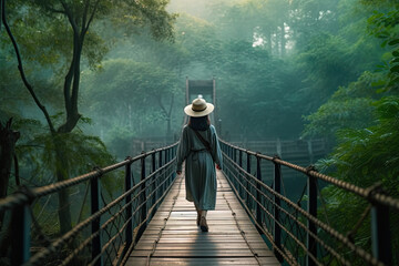 Woman in a hat is crossing a suspension bridge in the woods , Travel concept