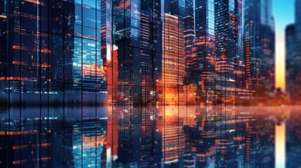 Panoramic view of skyscrapers at night with reflection in water, generative Ai