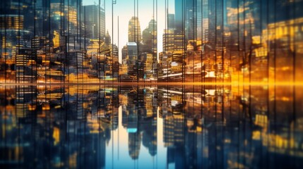 Double exposure of business city and skyscrapers with reflection on water, generative Ai