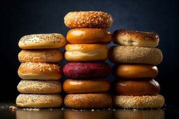 Fototapeta na wymiar Assorted donuts on a black background, closeup of photo, generative Ai