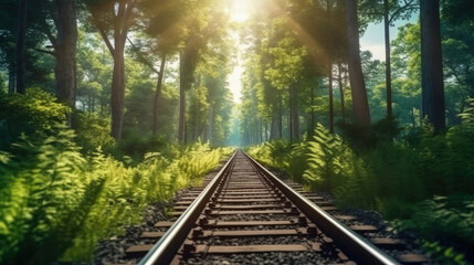 Obraz premium Forest trees along a railroad on an summer afternoon. Train tracks travel concept landscape background, Generative AI