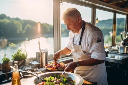 Medium shot portrait photography of a satisfied mature man cooking against a scenic riverboat background. With generative AI technology