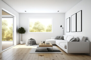 Fototapeta premium View from the side of a light-filled living room with a panoramic window, an empty white wall, a sofa, and a coffee table made of oak wood and a hardwood floor. minimalistic style. Room Generative AI