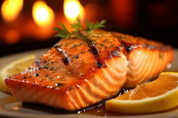 Grilled salmon with lemon and parsley on a white plate in front of a burning fireplace, generative Ai