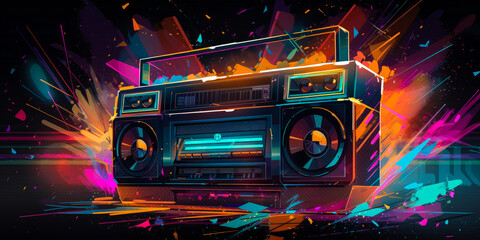Fototapeta na wymiar Captivating neon vintage boombox evoking powerful emotions through explosive colors, perfect for music enthusiasts seeking nostalgic visual appeal. Up your design game now! Generative AI