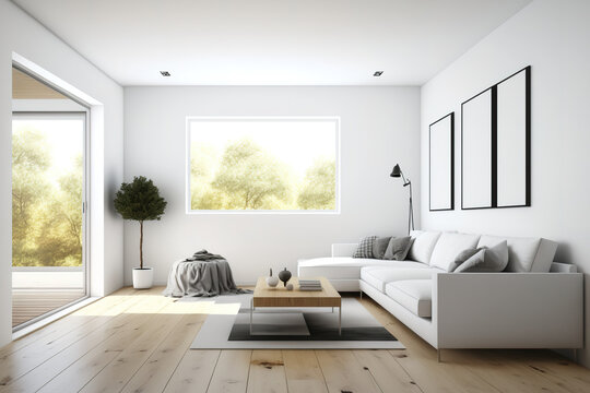 View from the side of a light-filled living room with a panoramic window, an empty white wall, a sofa, and a coffee table made of oak wood and a hardwood floor. minimalistic style. Room Generative AI