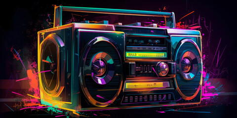 Captivating neon-vintage boombox image evoking nostalgia and explosive musical vibes, perfect for engaging audiences and enhancing retro-themed projects. Generative AI