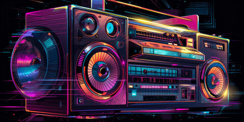 Captivating retro boombox immersed in shimmering holographic light beams, embodying the transformative and infectious 80s sounds that reshaped the musical landscape. Generative AI