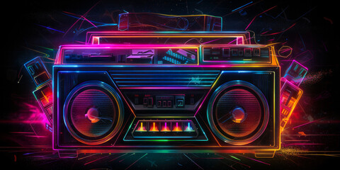 Fototapeta premium Spectacular neon vintage boombox image, capturing the essence of explosive retro music and evoking powerful emotions. Ideal for marketing nostalgia lovers. Generative AI