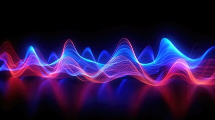 Red blue wavy neon lines, electronic music virtual equalizer sound wave visualization. Ultraviolet light abstract background created with Generative Ai Technology
