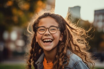 Headshot portrait photography of a glad kid female laughing against a vibrant city park background. With generative AI technology