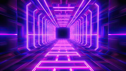 Abstract geometric neon background with glowing square frame. Ultraviolet neon square portal with laser linear shape inside the dark tunnel. Abstract background created with Generative Ai Technology