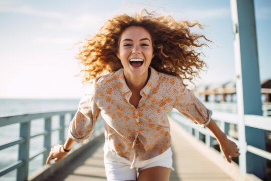 Close-up portrait photography of a grinning mature girl jumping against a picturesque beach boardwalk background. With generative AI technology