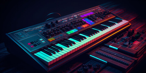 Captivating 80s synthesizer image with vibrant, pulsating keys representing the innovative fusion of electronic and traditional instruments defining the era's bold musical evolution. Generative AI - obrazy, fototapety, plakaty