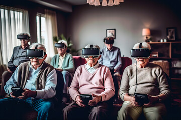group of elderly people wearing virtual reality goggles, playing video games. AI-generated