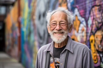 Headshot portrait photography of a happy old man smiling against a vibrant street mural background. With generative AI technology