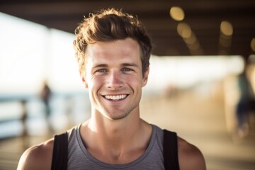 Close-up portrait photography of a happy boy in his 30s practicing yoga against a scenic beach pier background. With generative AI technology