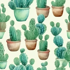 Papier Peint photo Cactus en pot Cactuses watercolor seamless repeat pattern [Generative AI] 