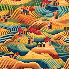 Obraz na płótnie Canvas Agricultural fields seamless repeat pattern - fantasy colorful cubism, abstract art [Generative AI] 